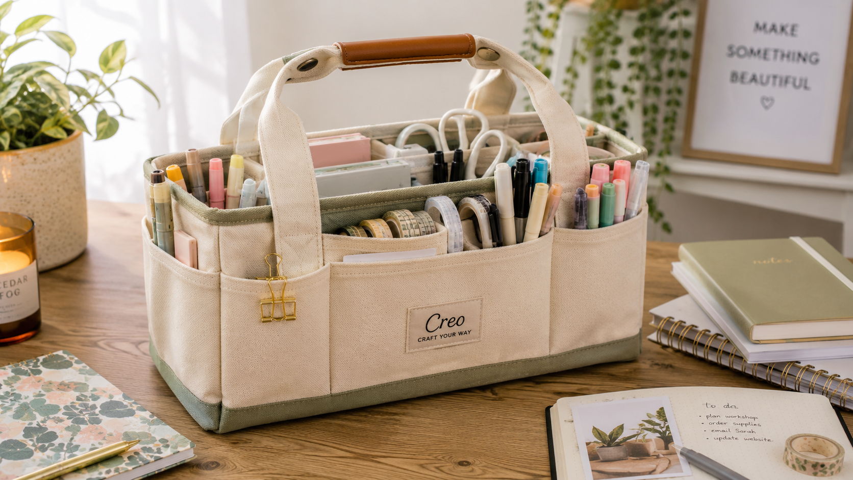 A storage tote filled with pens, markers, and stationery on a desk.