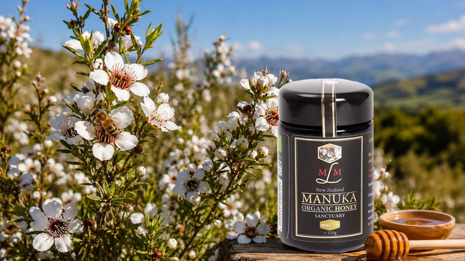 Dose Manuka Honig neben Blumen