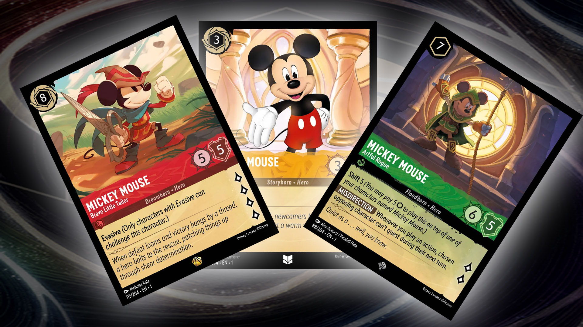 Three Lorcana cards that are storyborn, dreamborn, and floodborn respectively.