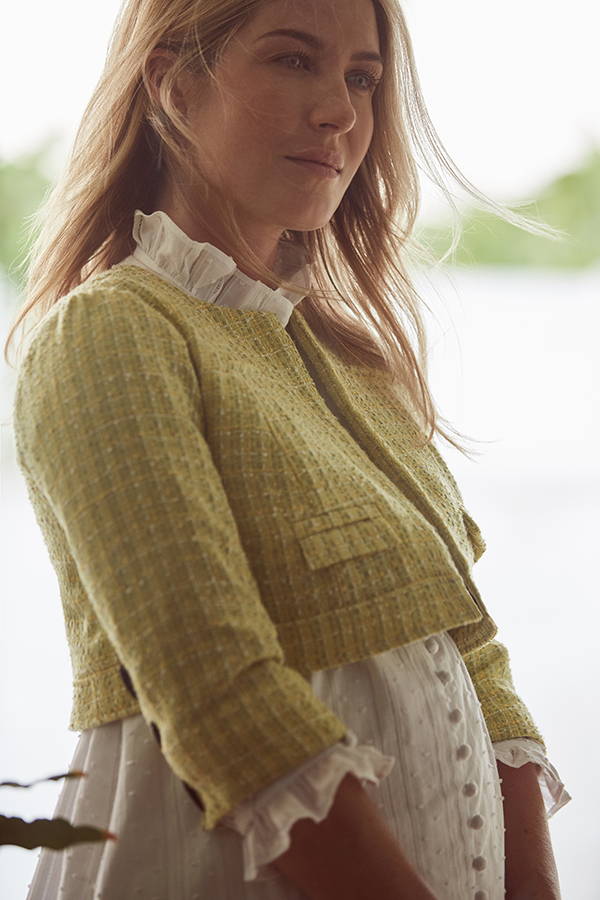 Jessica in the maternity friendly Nichols dress in white stripe dot cotton paired with he Beverly jacket in lime boucle