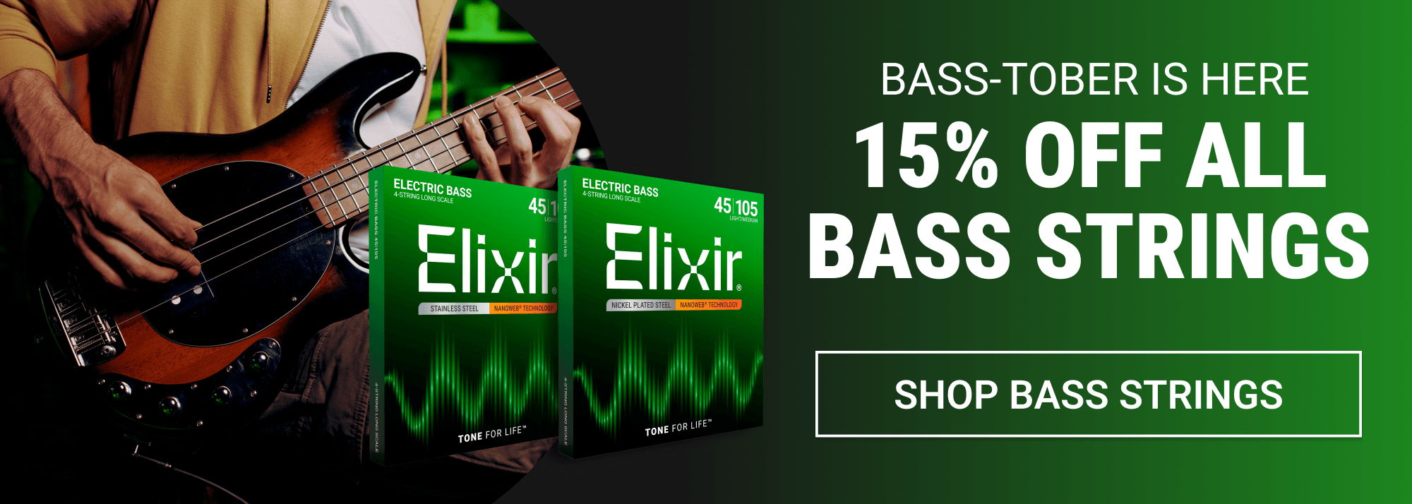 Advertisement for Elixir bass strings with discount offer.