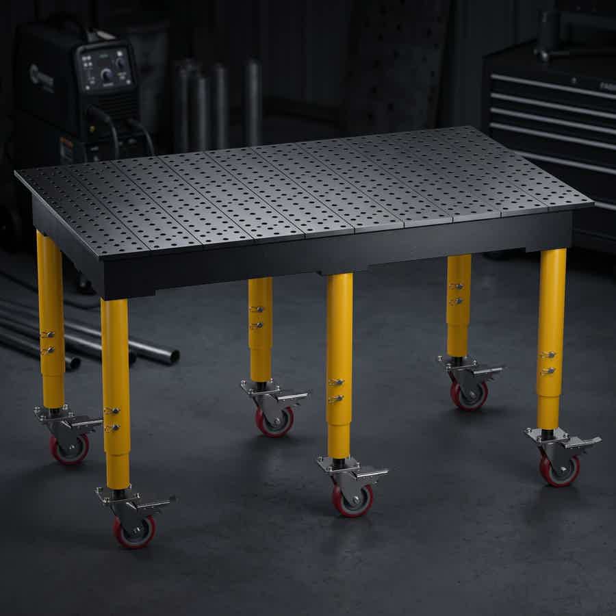 MAX R1 model welding table with adjustable yellow legs