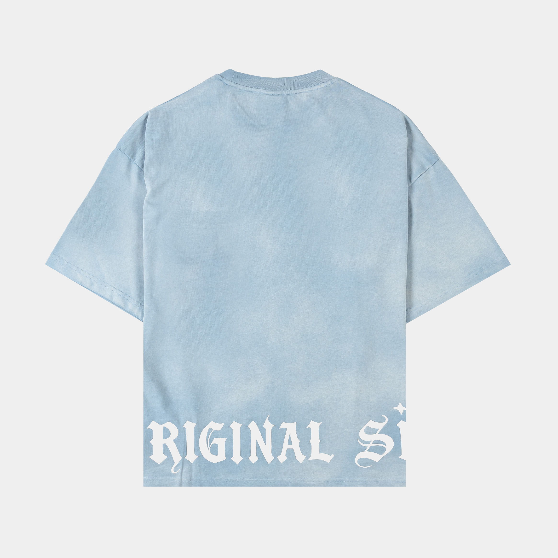 Light blue t-shirt featuring a graphic of the Virgin Mary.