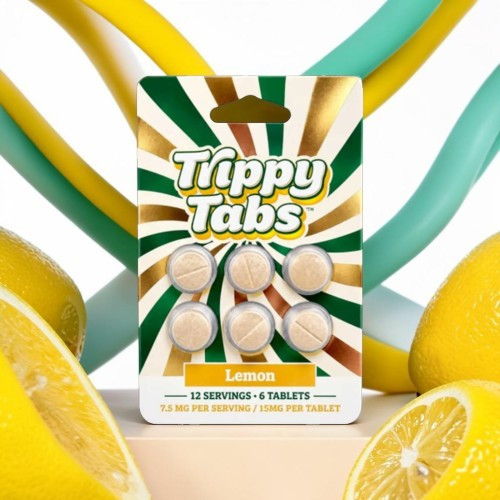 Lemon-flavored tablet packaging with lemons and colorful background.