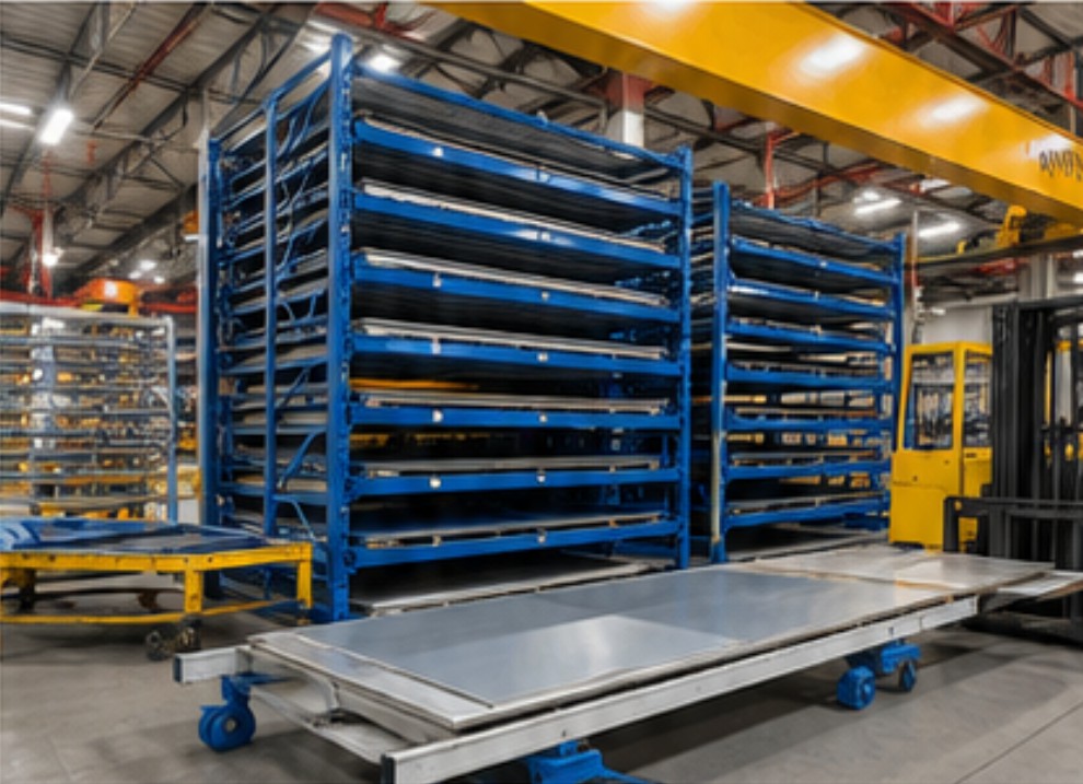 Industrial warehouse with metal racks and a forklift.