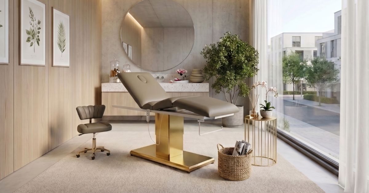 Modern spa room with treatment bed, chair, and large mirror.