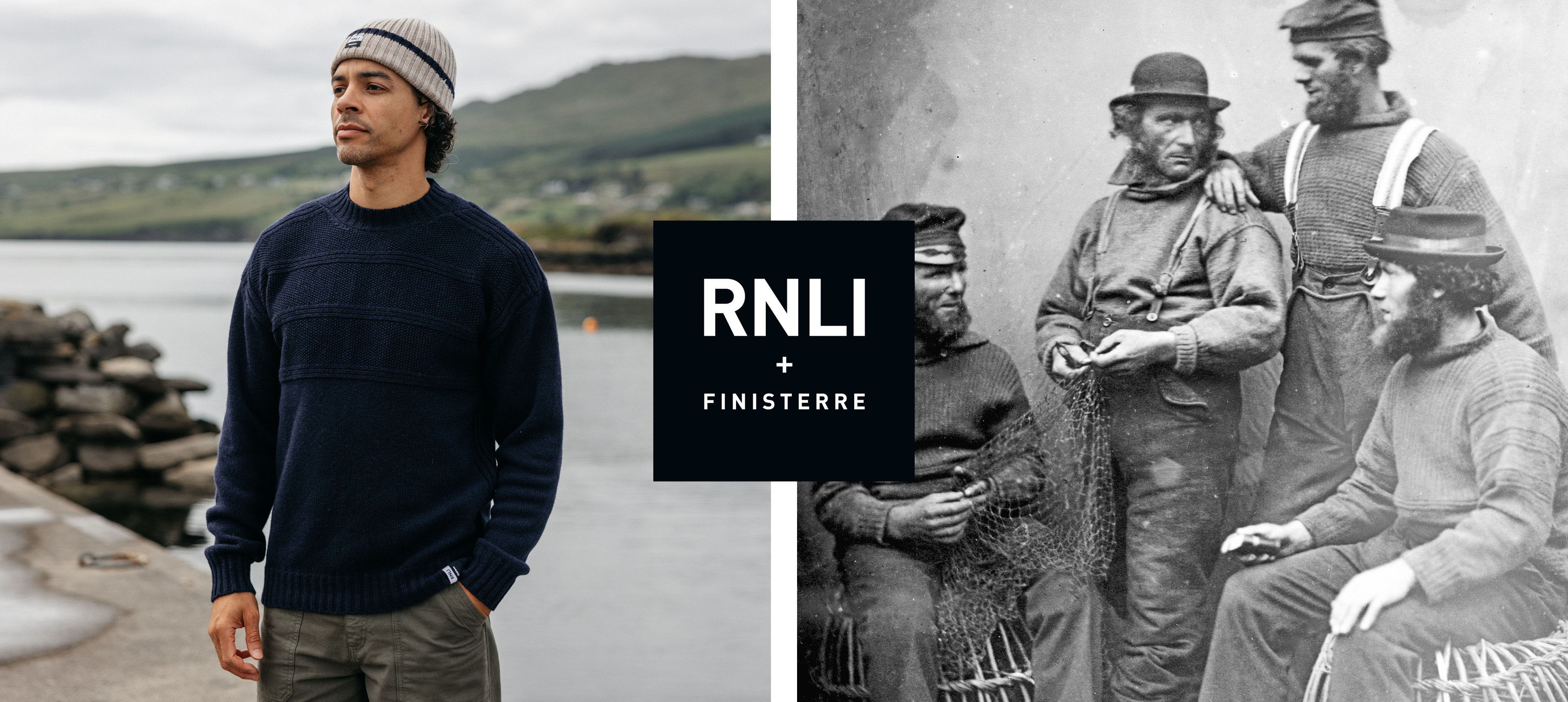 Man by the water next to vintage lifeboat crew photo. RNLI logo included.