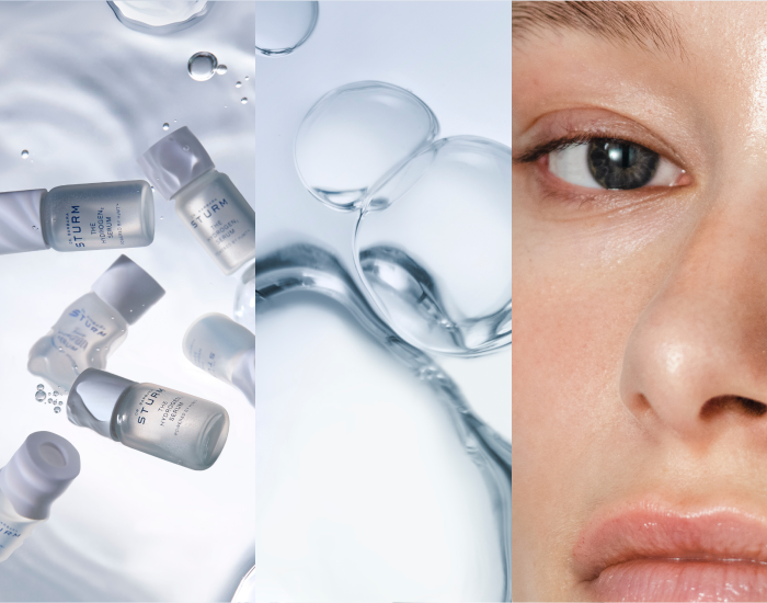 Bottles, water droplets, and a close-up of a person's face.