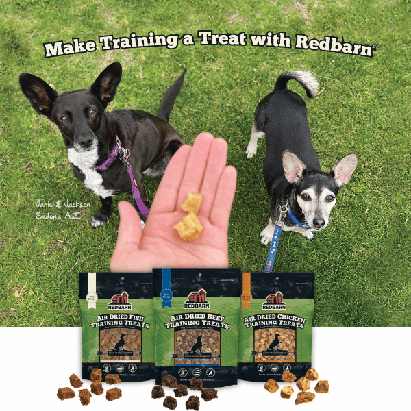 Photo of 3 dogs staring at treats in a human's hand. Text: Make Training A Treat with Redbarn. Below the photo is 3 bags of Redbarn Air Dried Training Treats