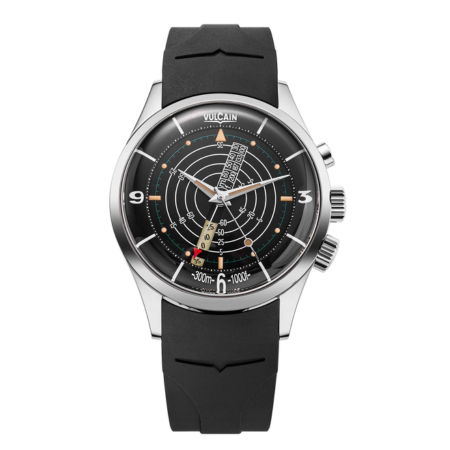 Black watch with a circular dial and rubber strap.