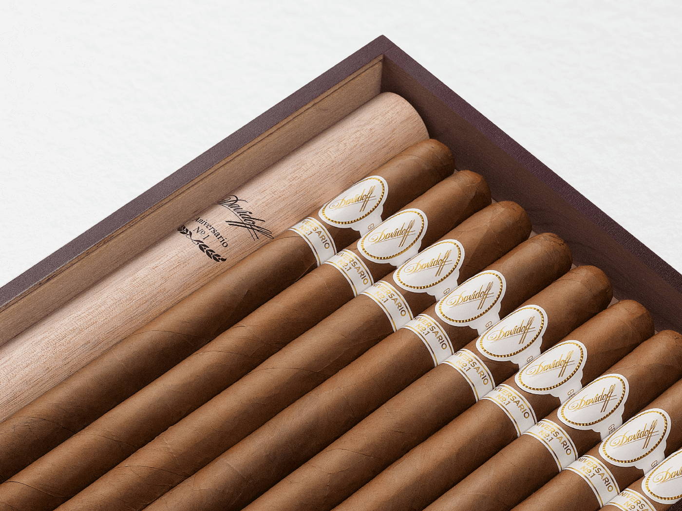 Opened box of the Davidoff Aniversario No. 1 Limited Edition Collection with 10 cigars including 1 wooden tubo inside. 