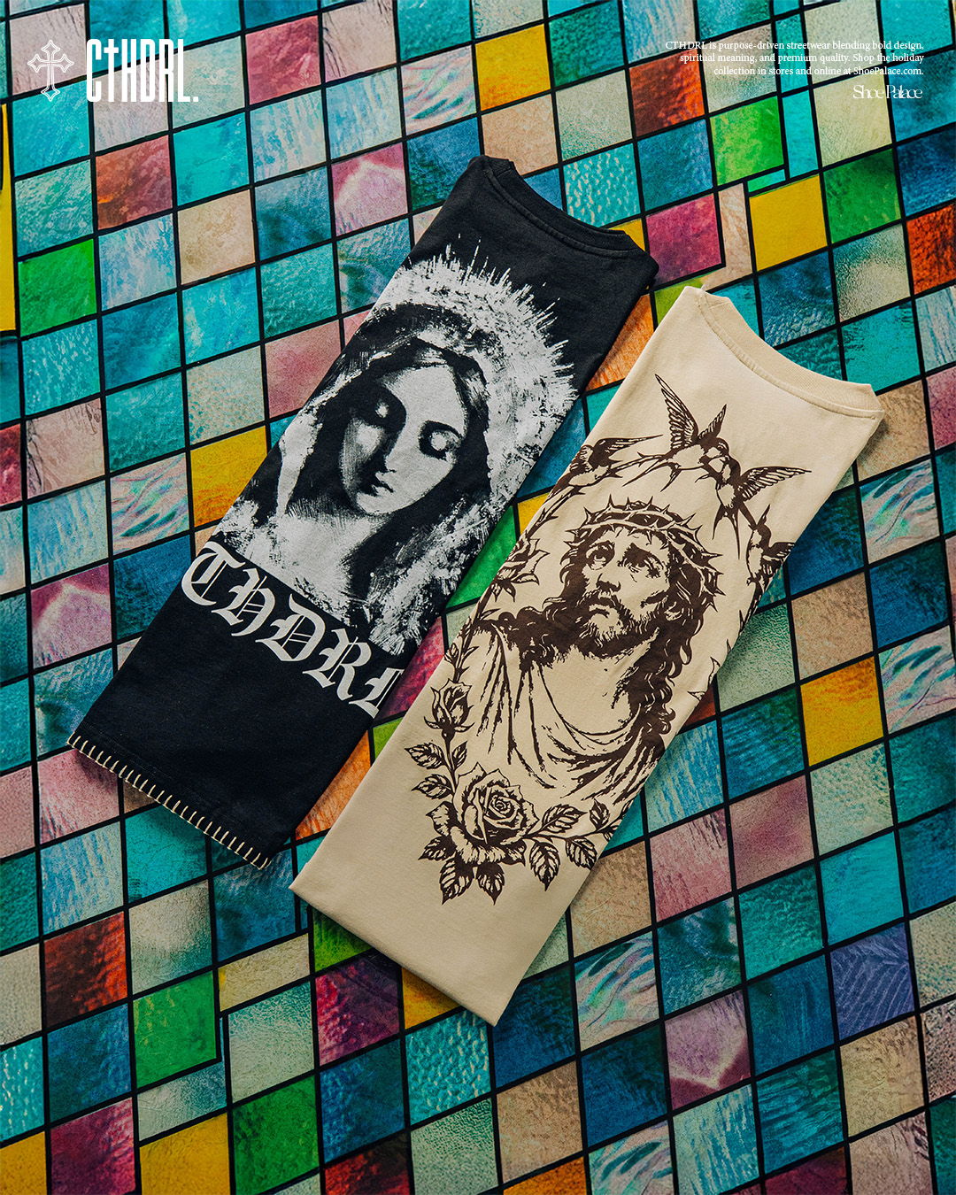 Two arm sleeves with religious graphic designs on a colorful background.