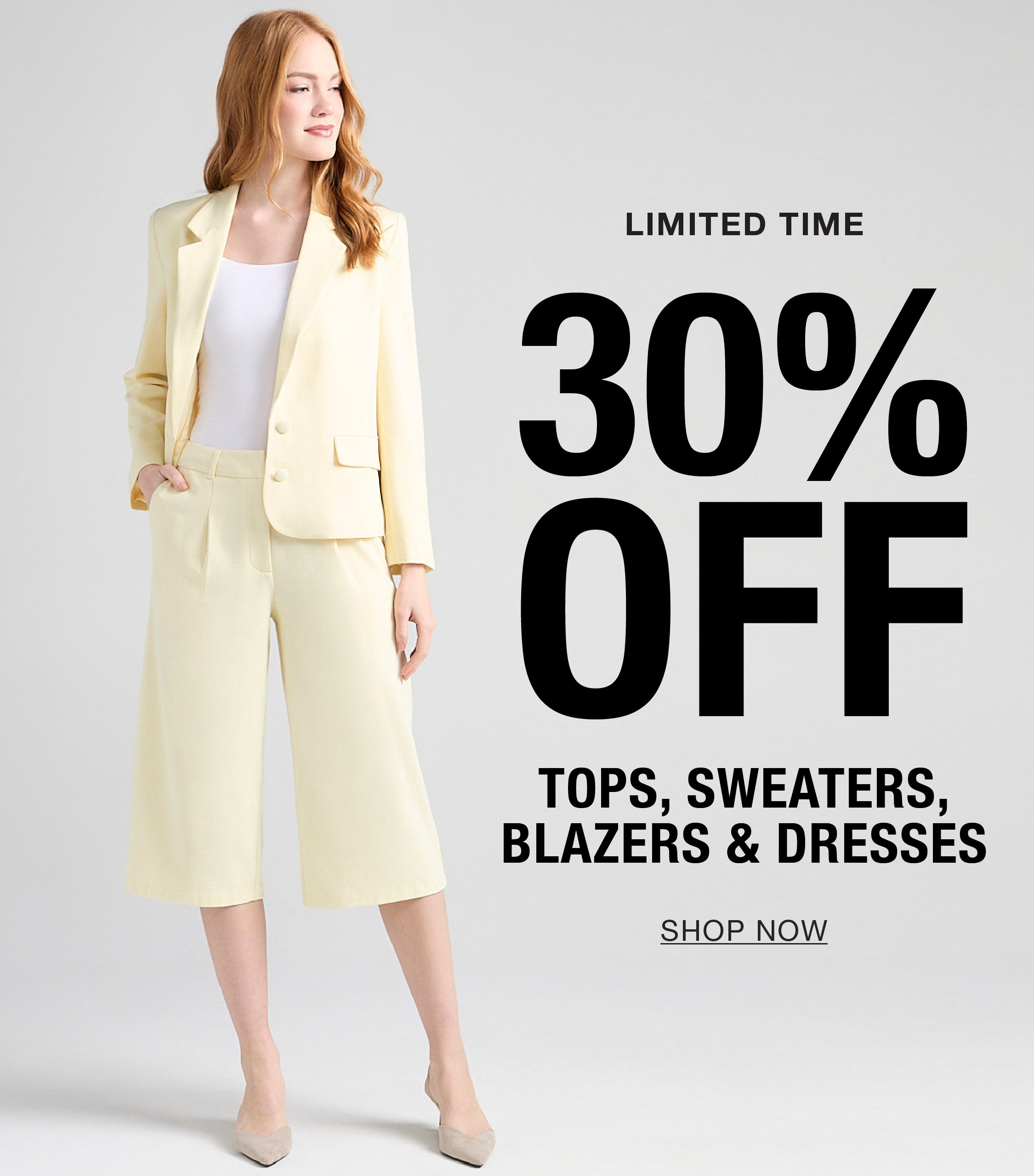 Woman in yellow suit promoting 30% off clothing sale.