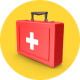 Red first aid kit on a yellow background.