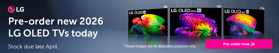 Promotion for pre-ordering 2026 LG OLED TVs with colorful images.