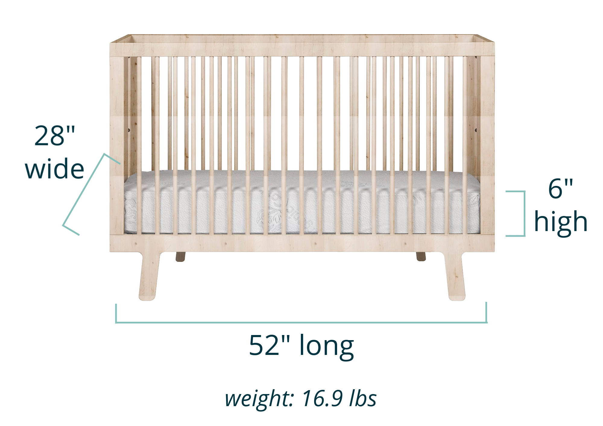 Hybrid Support Luxe crib mattress in a crib showing dimensions of 28