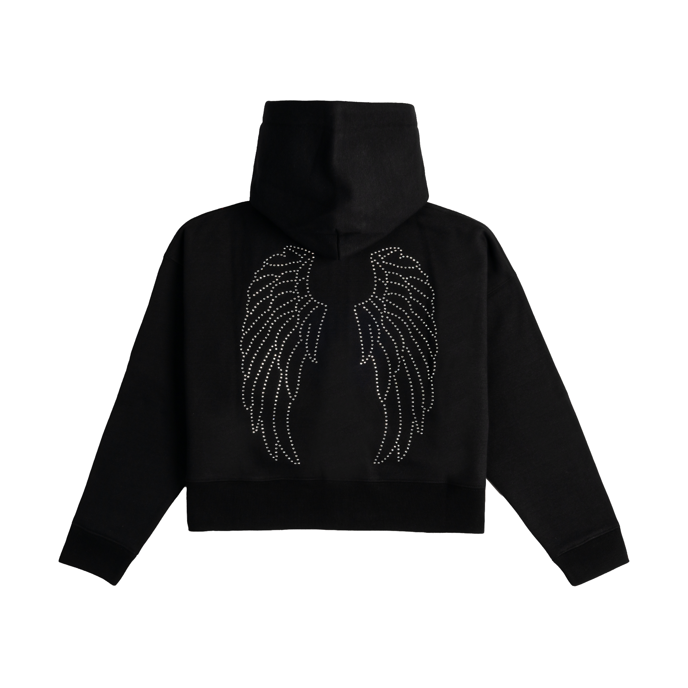 Black zip-up hoodie with a front pocket and logo.