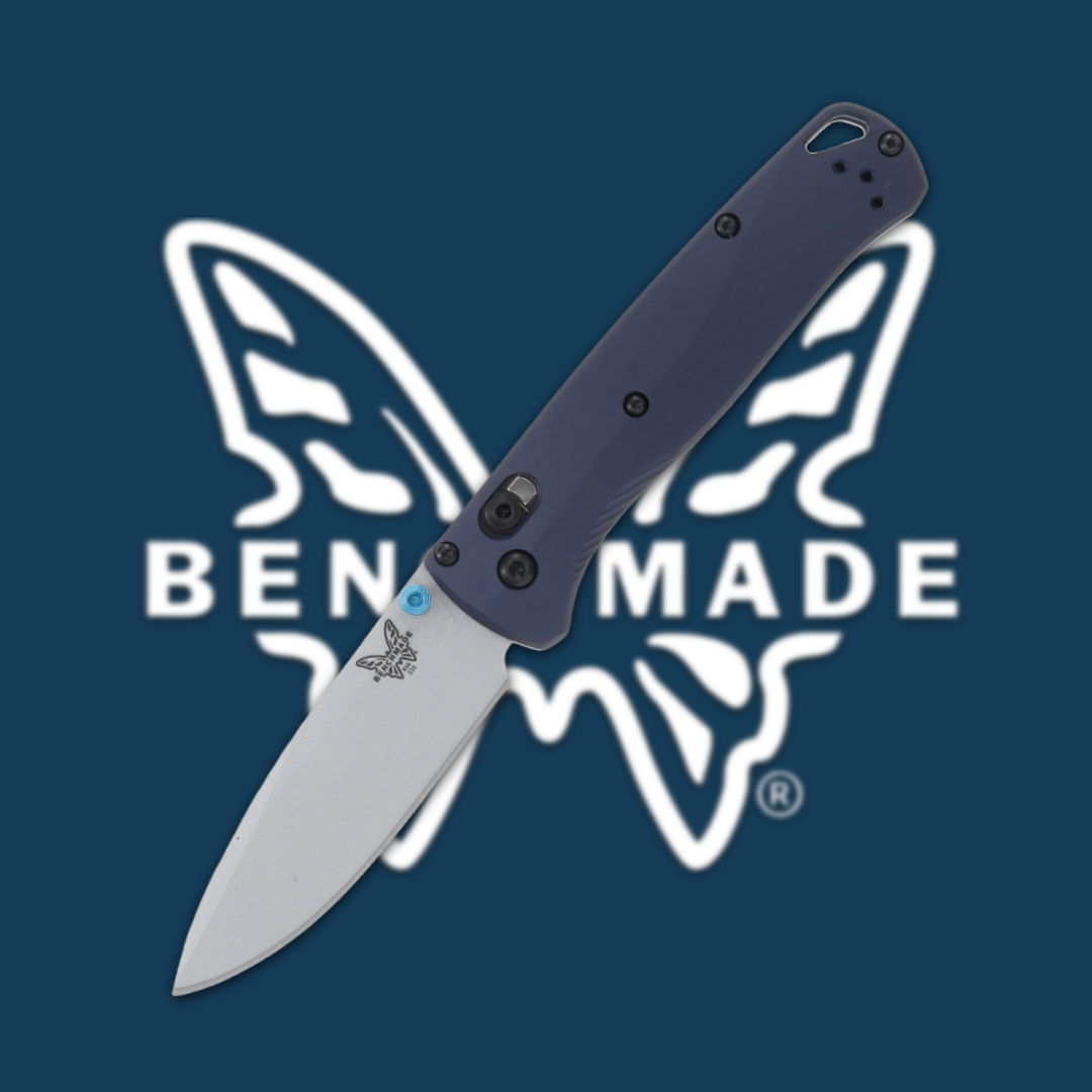 A folding knife with a blue handle against a butterfly logo background.