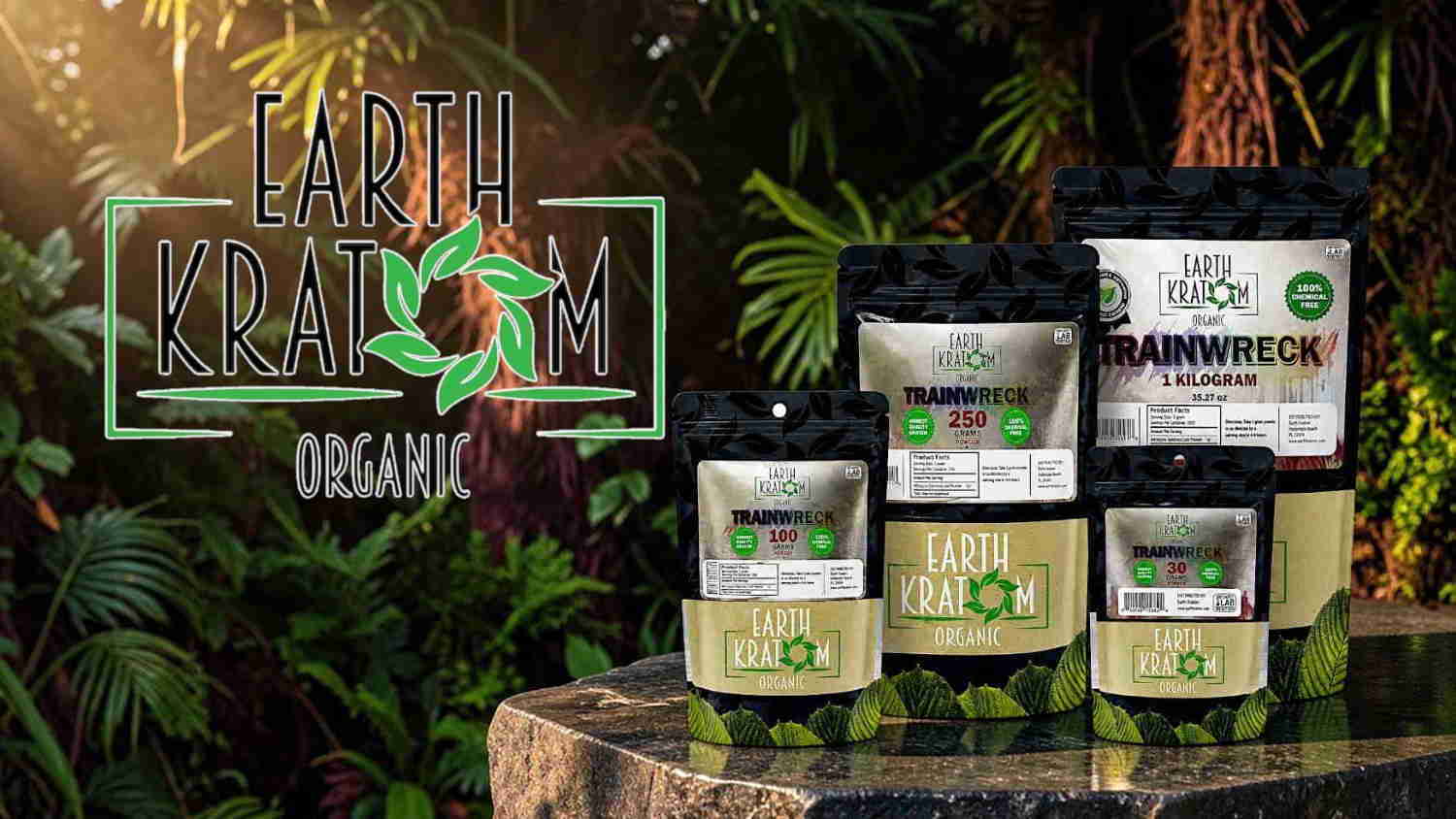 Packaging of Earth Kratom products displayed in a natural setting.