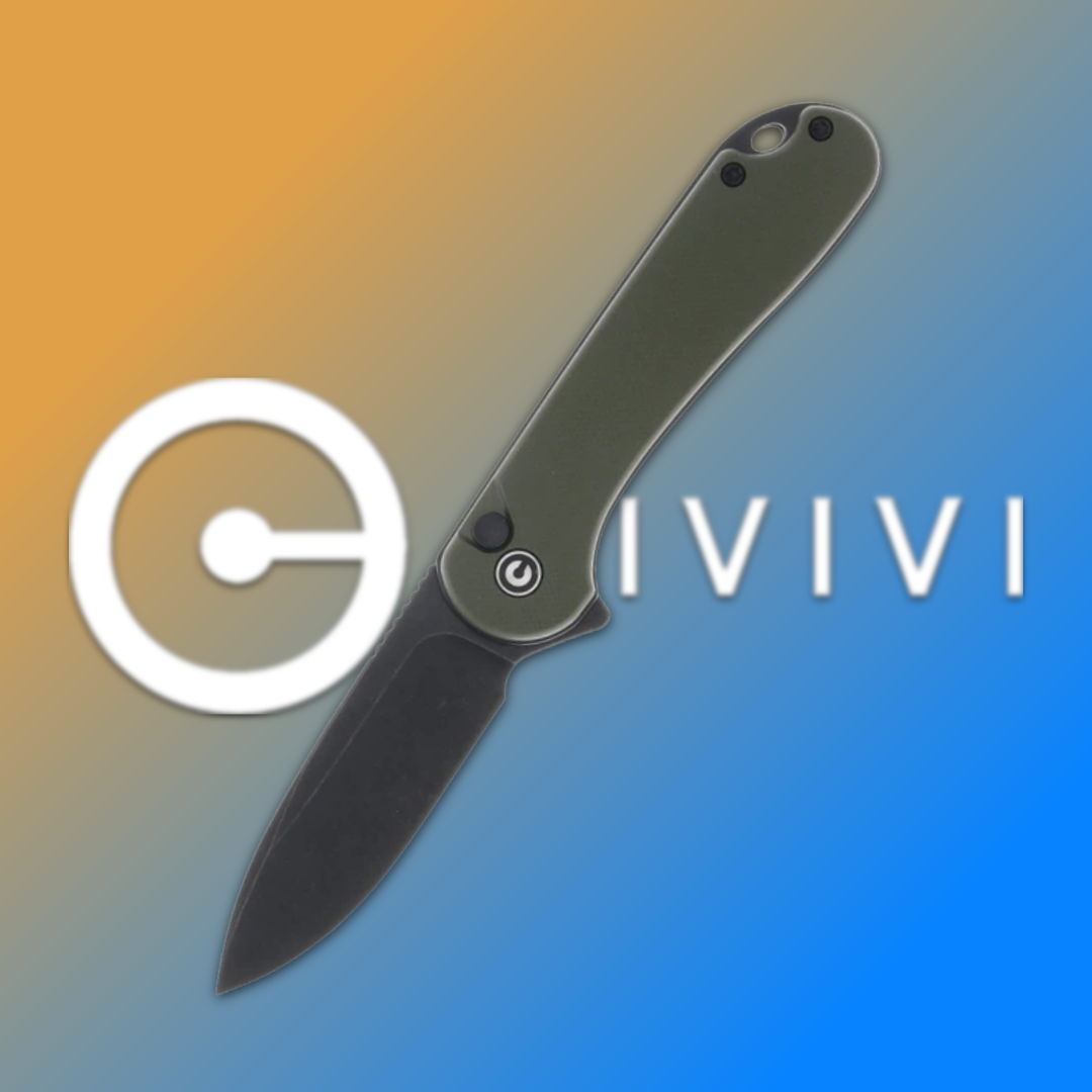 A folding knife with a green handle on a gradient background.