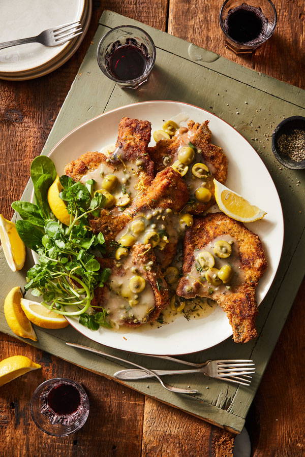 Pork chops and olives with lemon-caper sauce recipe