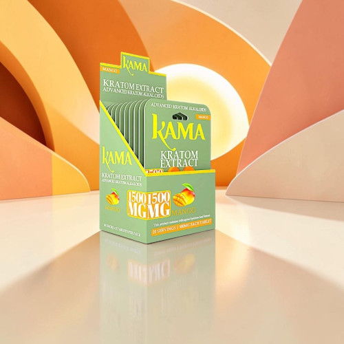 Display of Kama product box against a colorful background.