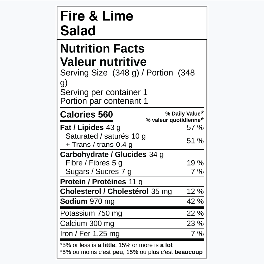 Nutrition facts for Fire & Lime Salad, including calories and nutrients.