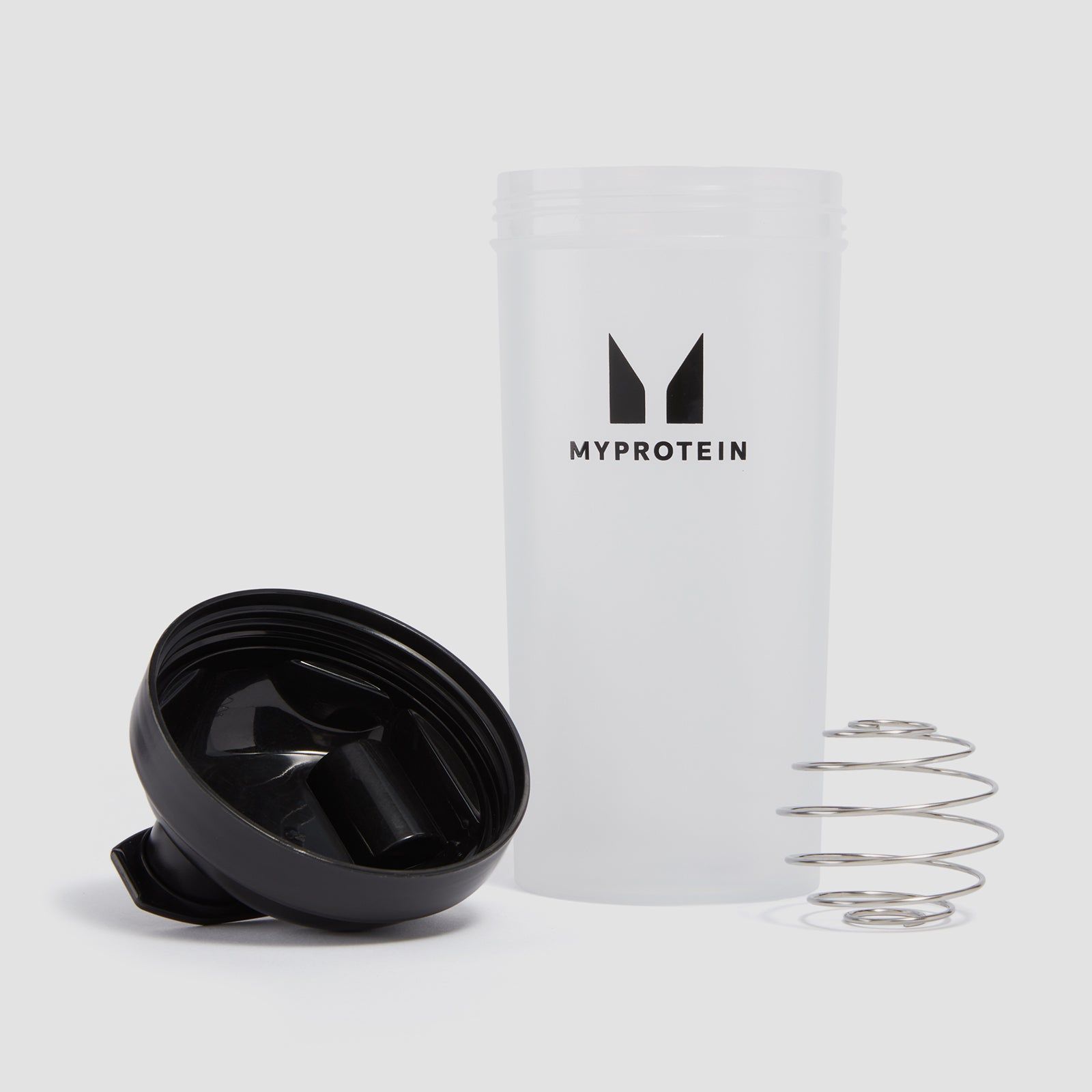 A protein shaker bottle with a black lid and a mixing ball.