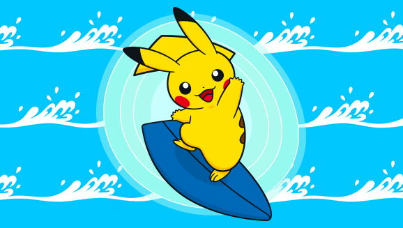 all pikachu cards Pikachu surfing on a blue surfboard against a wave background.