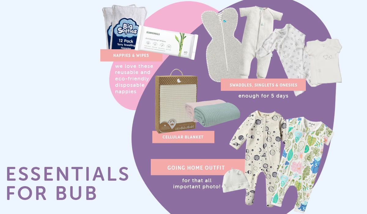 Image featuring baby essentials and clothing items with text 