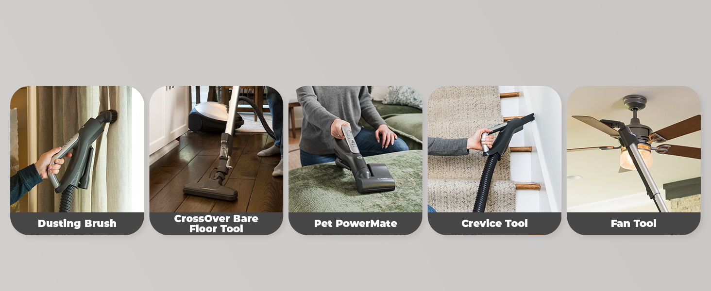 Various vacuum cleaner attachments in use for different cleaning tasks.