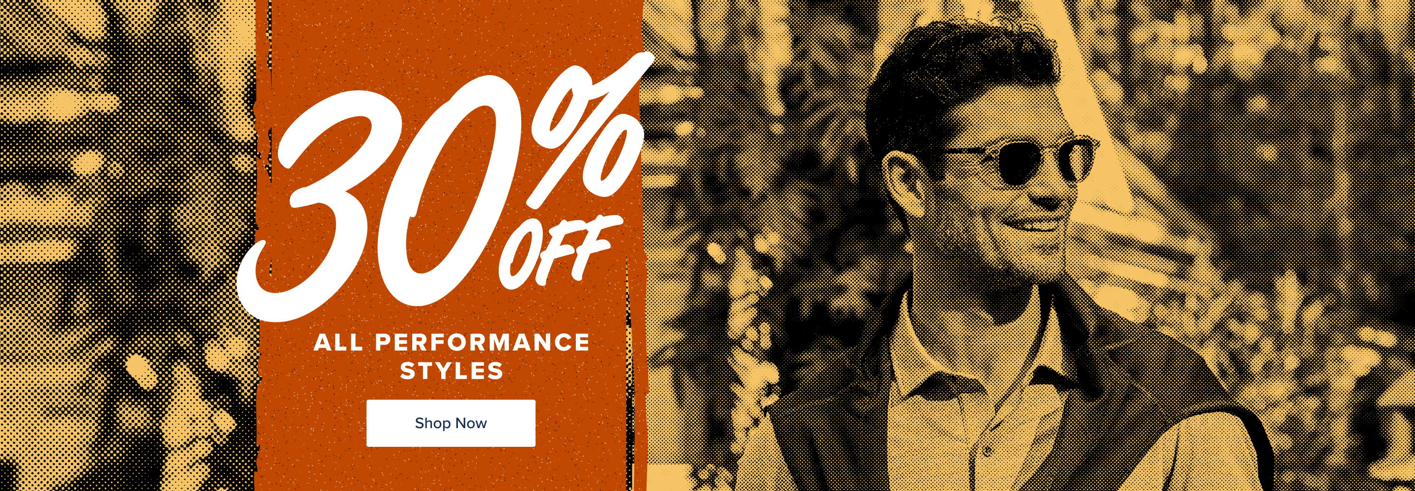 30% off all performance styles with a smiling man in sunglasses.