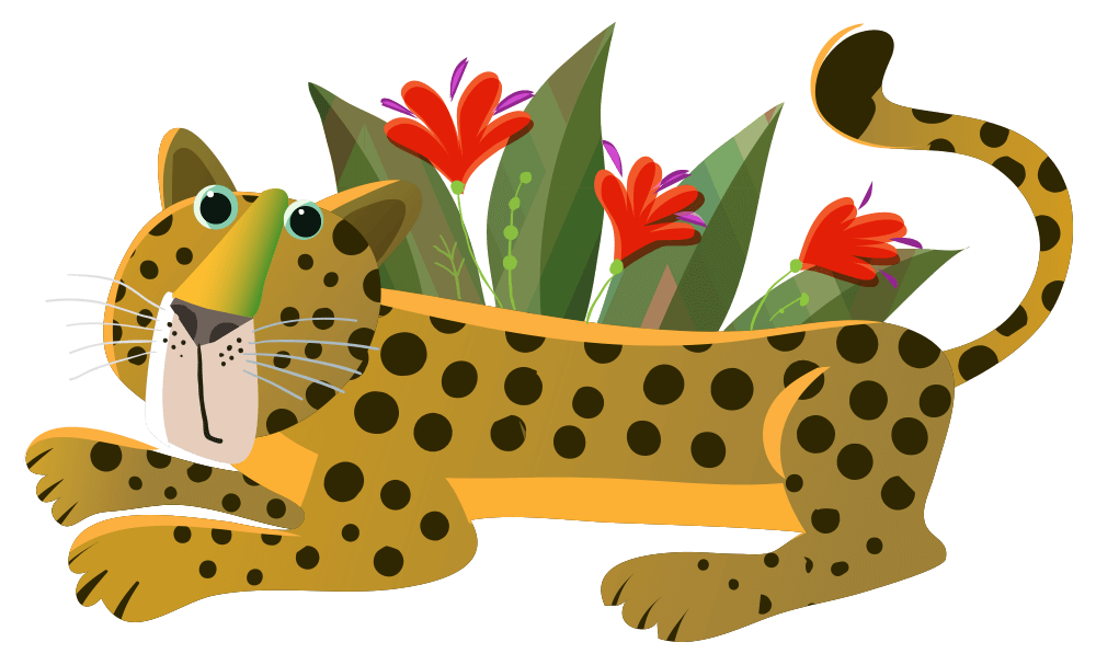 spotted leopard laying by red flowers