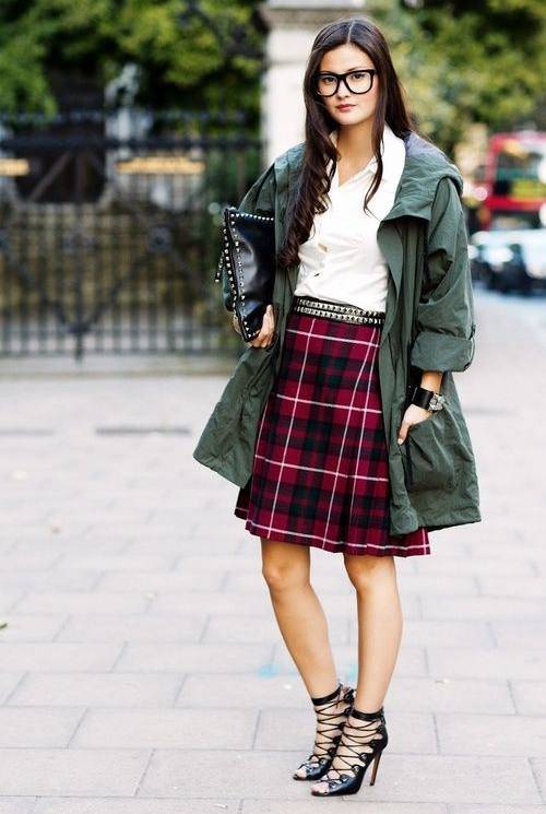 Montreal Fashion Trends: Geek Chic look with oversized glasses and plaid skirt