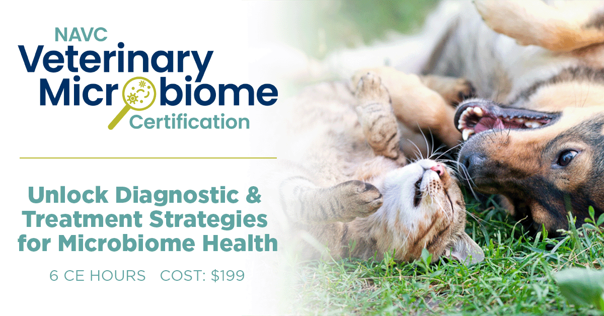 Veterinary Microbiome Certification advertisement with dogs on grass.