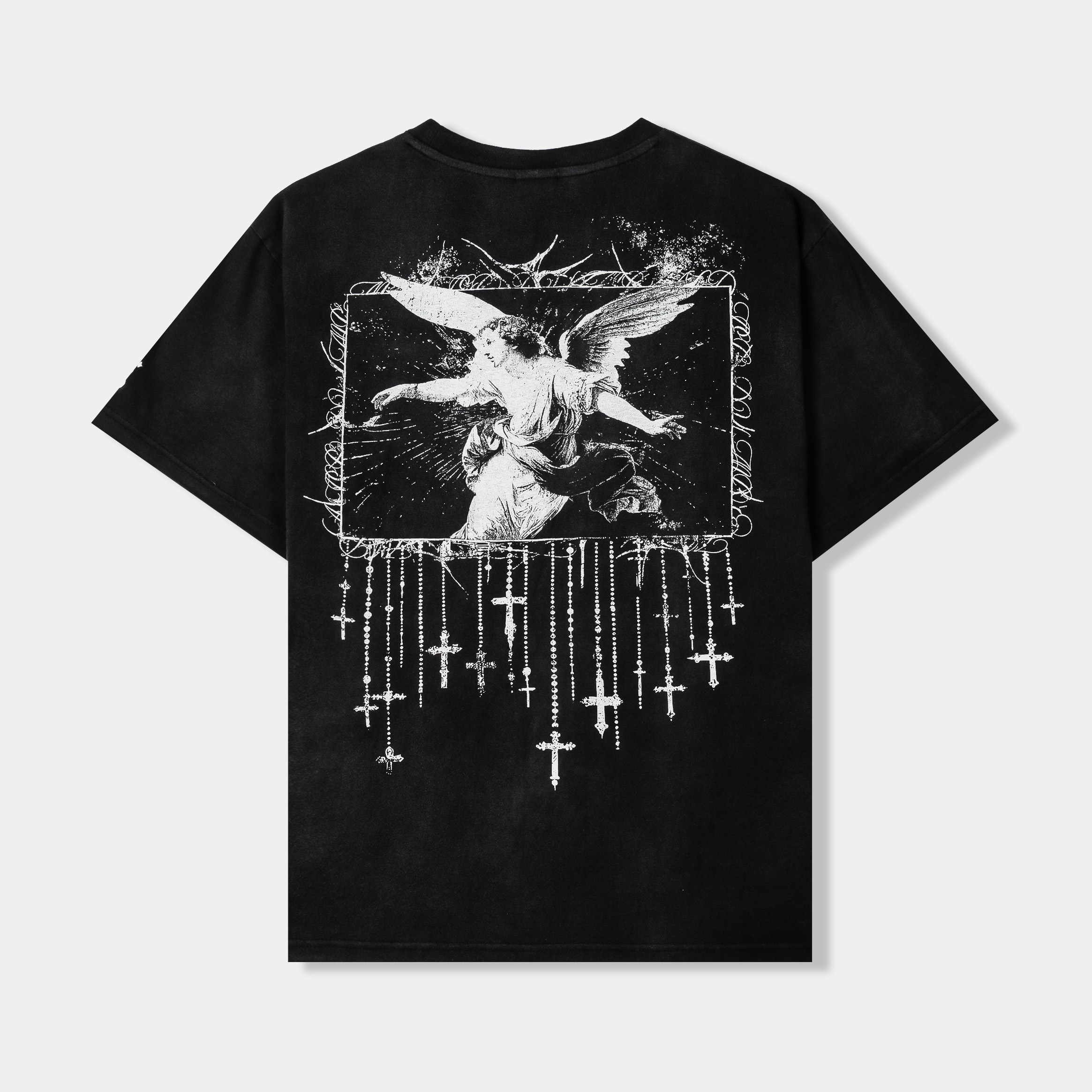 Black t-shirt with graphic designs on the front.