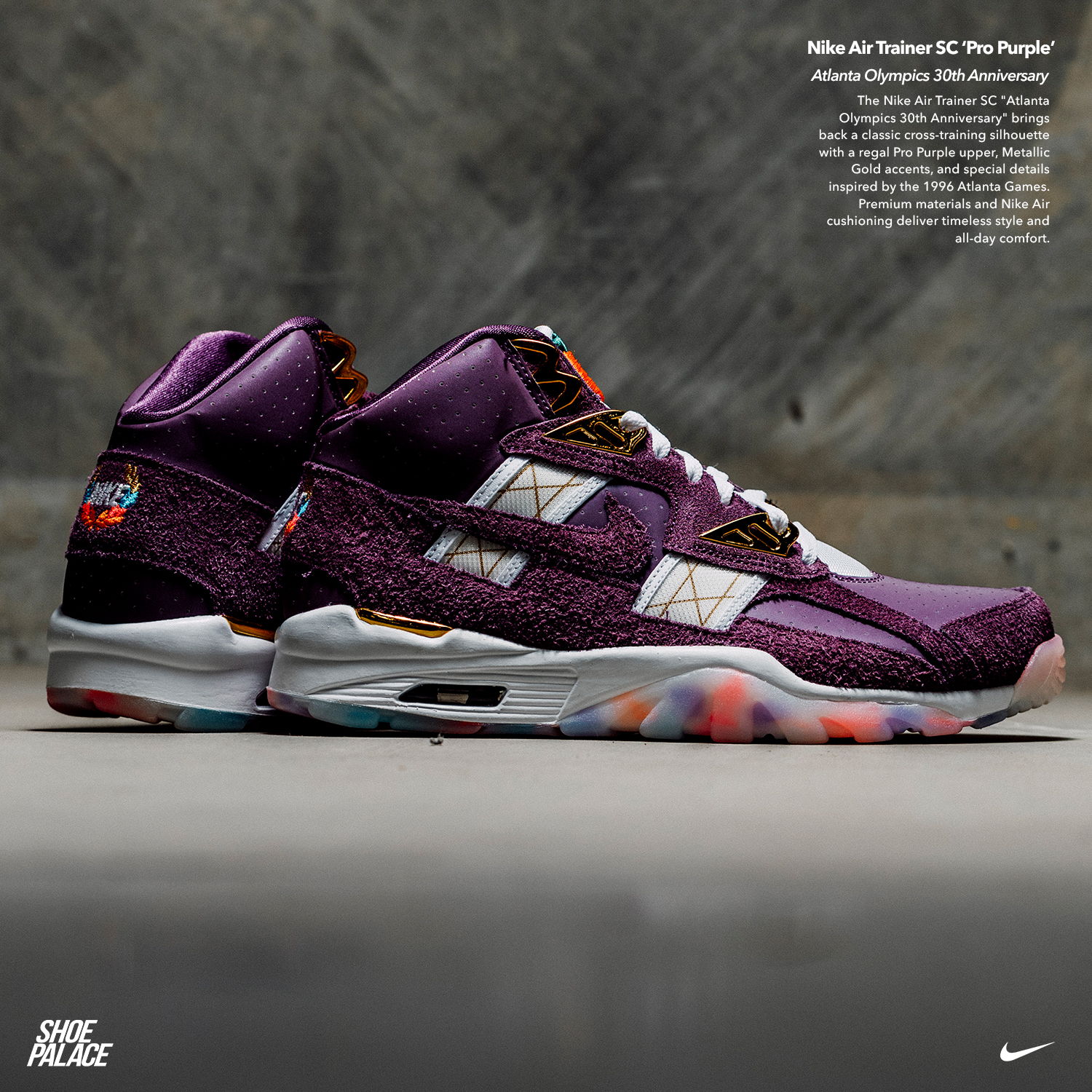 Nike sneakers in purple with unique design and colorful sole.