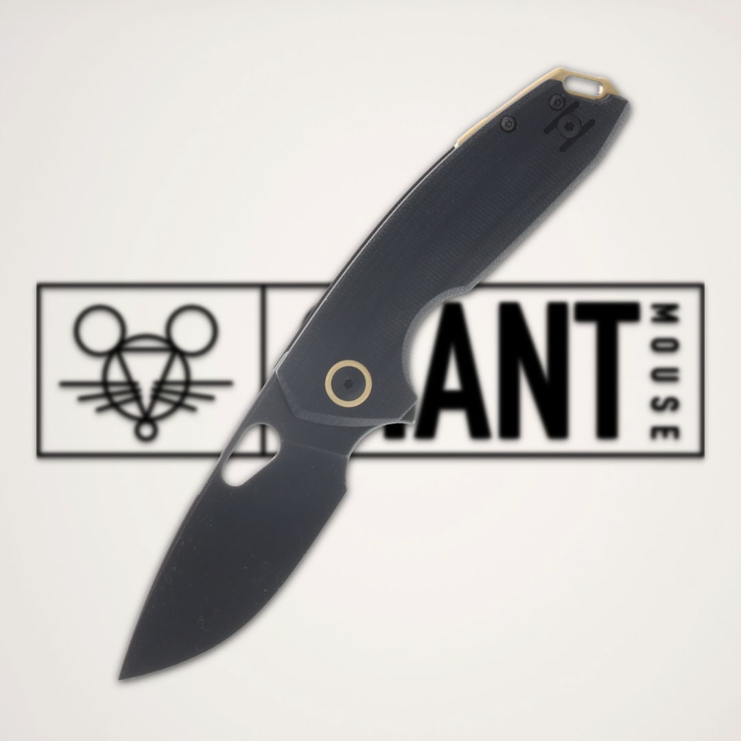 Black folding knife with a logo in the background.