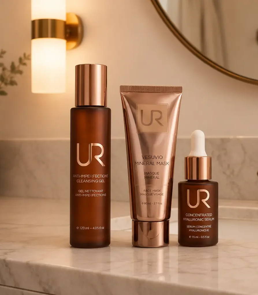 UR Clear & Balanced Skin Ritual products displayed on a bathroom countertop with a mirror in background.