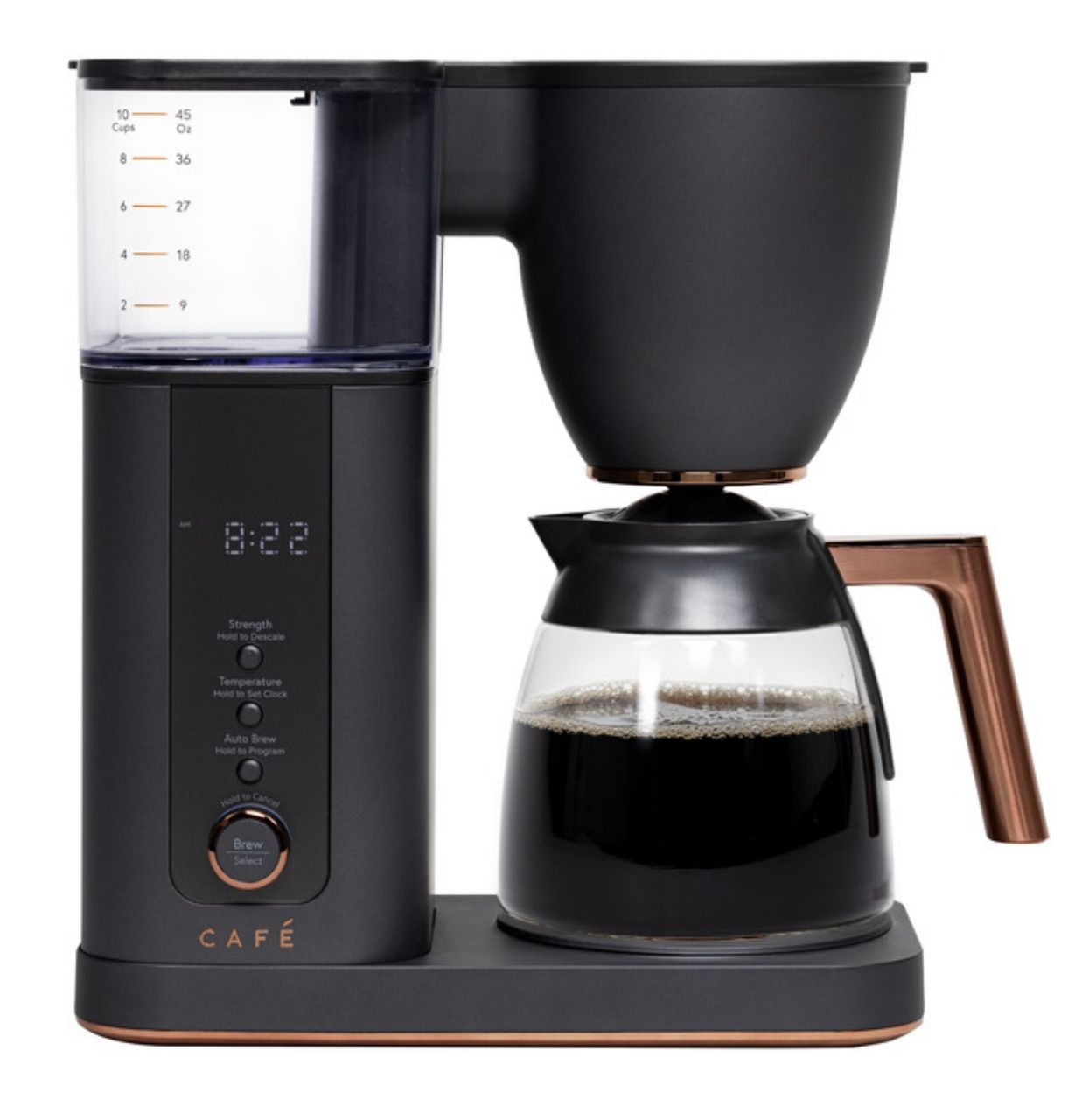Black coffee maker with glass carafe and control panel.