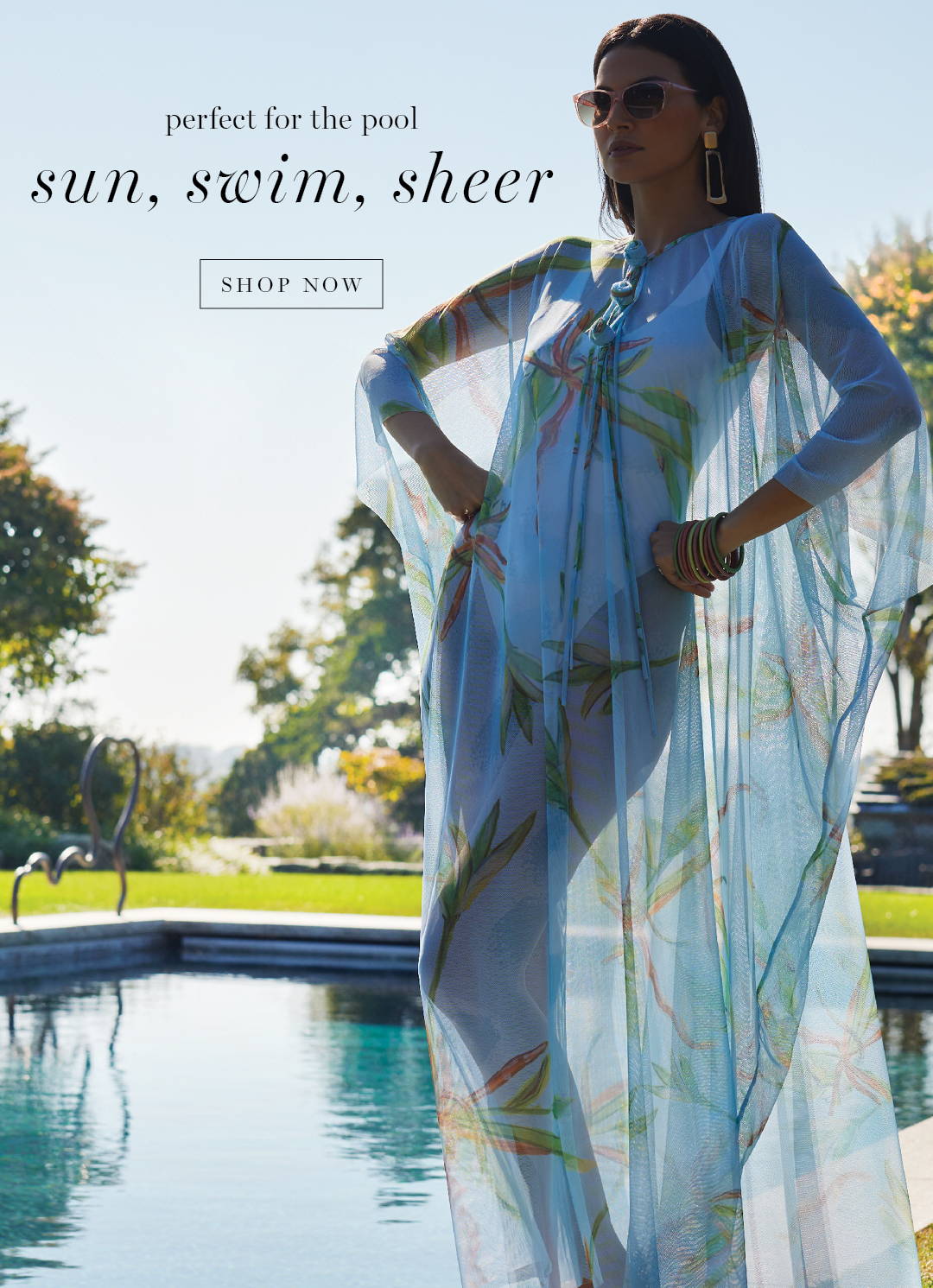perfect for the pool | sun, swim, sheer | Woman wearing mesh kaftan cover up over a bathing suit by the pool for women's tropical clothing
