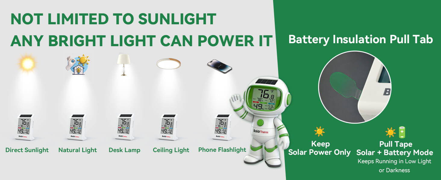 Battery powered by any bright light, not just sunlight.