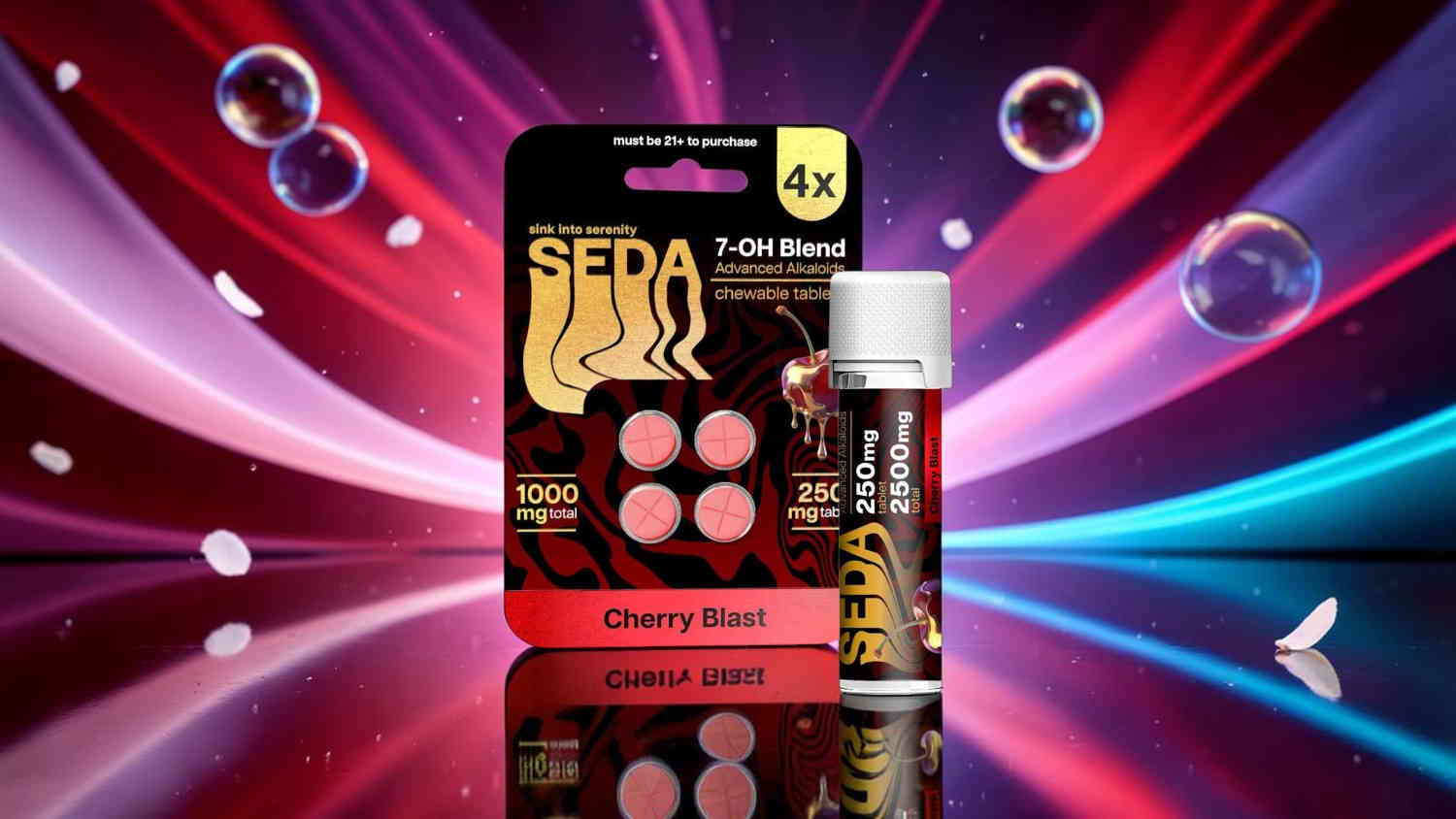 Packaging of hair care products against a colorful background with bubbles.