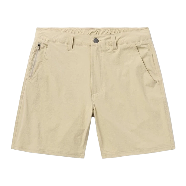 Beige shorts with pockets and a button closure.