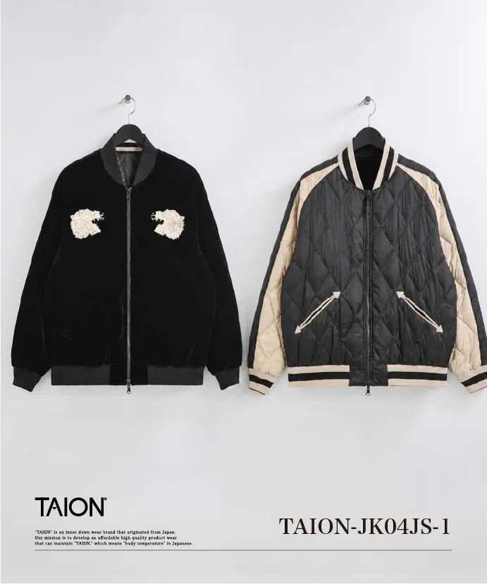 Two stylish jackets displayed on hangers, labeled with brand name 