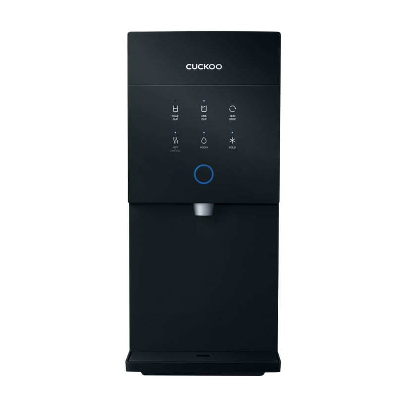 Black water dispenser with control buttons and a dispensing nozzle at the bottom.