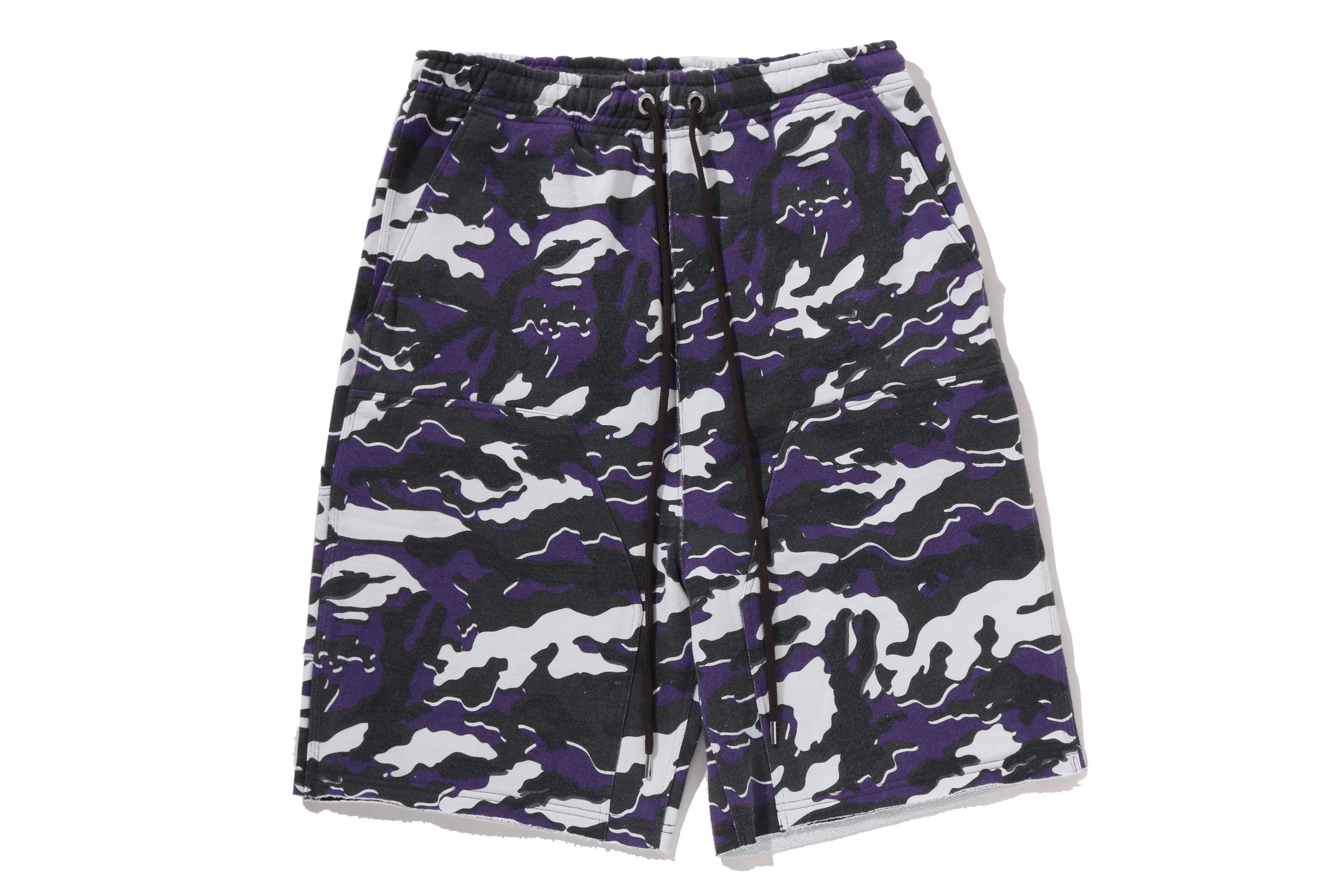 Purple and black camouflage shorts laid flat on a white background.