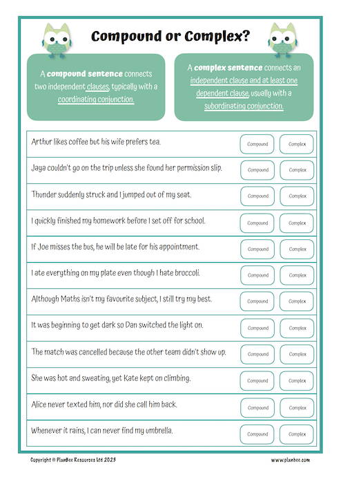 FREE Compound and Complex Sentences Worksheet by PlanBee