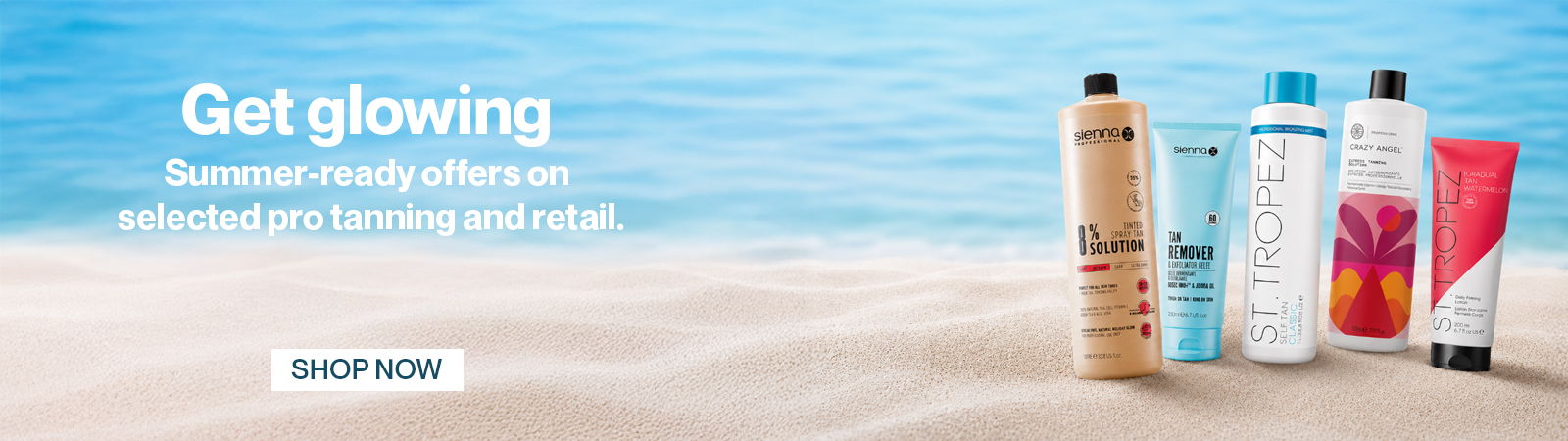 Products for glowing skin on a beach background.