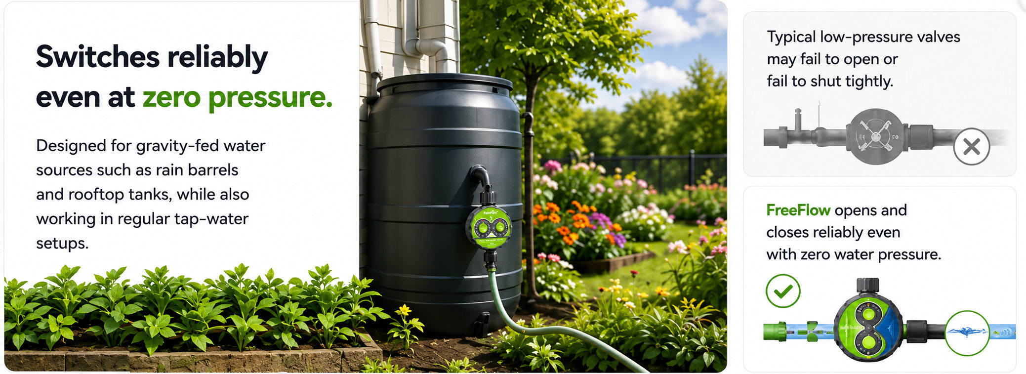 Switches reliably even at zero pressure, designed for water systems and applications.